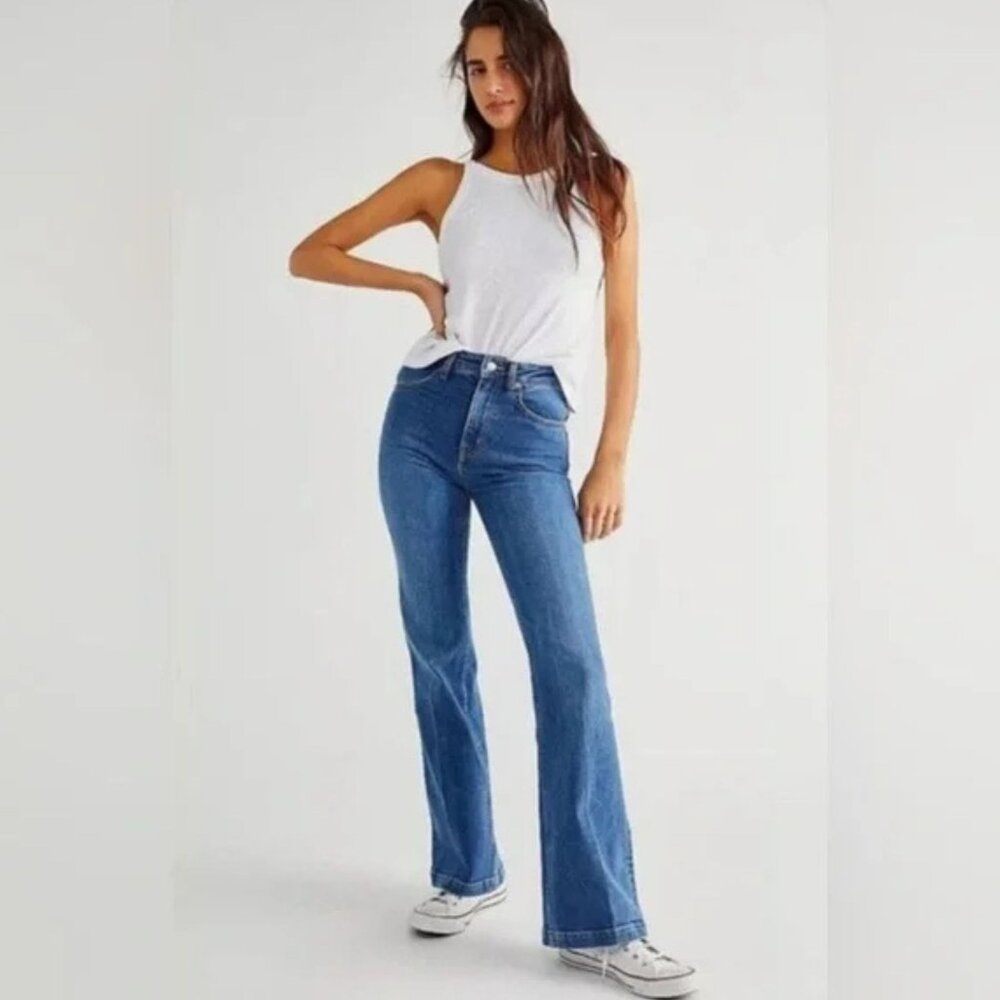 Free People We The Free Somewhere Over The Rainbow Flare Blue Jeans 23210 - Picture 2 of 14
